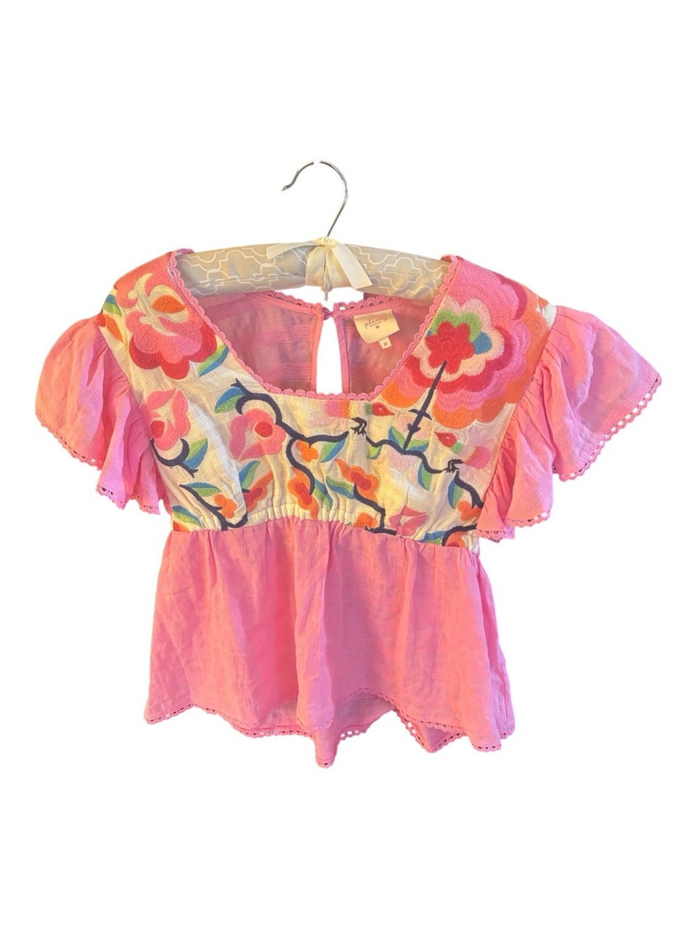 Anthropologie Plenty Pink Floral Embroidered Babydoll Top Size M - like new